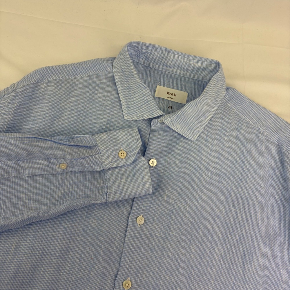 Rye 51 Mens Button Down Shirt Blue Linen Feel Small Batch XL Breathable Luxury